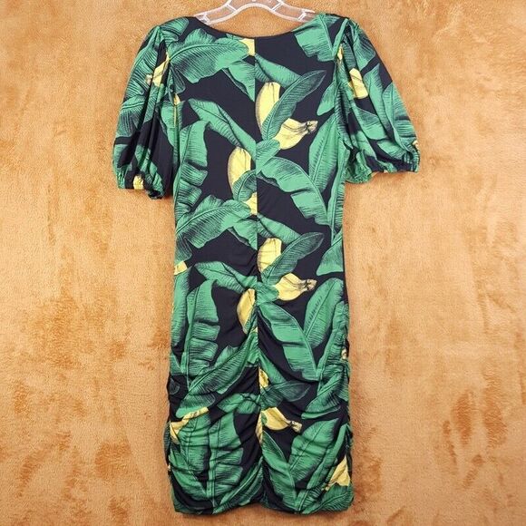 GANNI Womens Dress Size 36 Green Puff Sleeve Ruched Mini Pullover Stretch BANANA - Picture 5 of 12